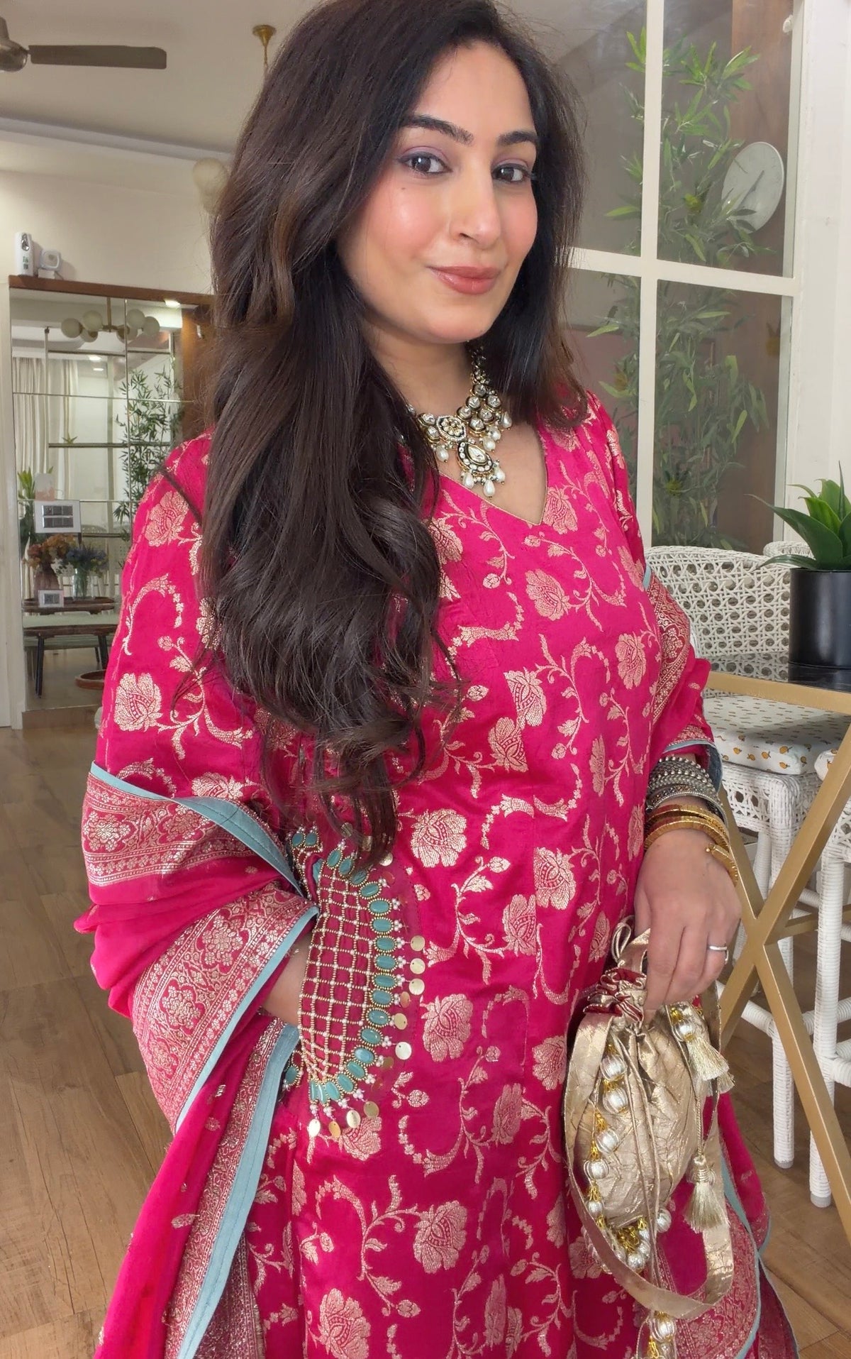 Fuchsia Banarasi Floral Kurta Set