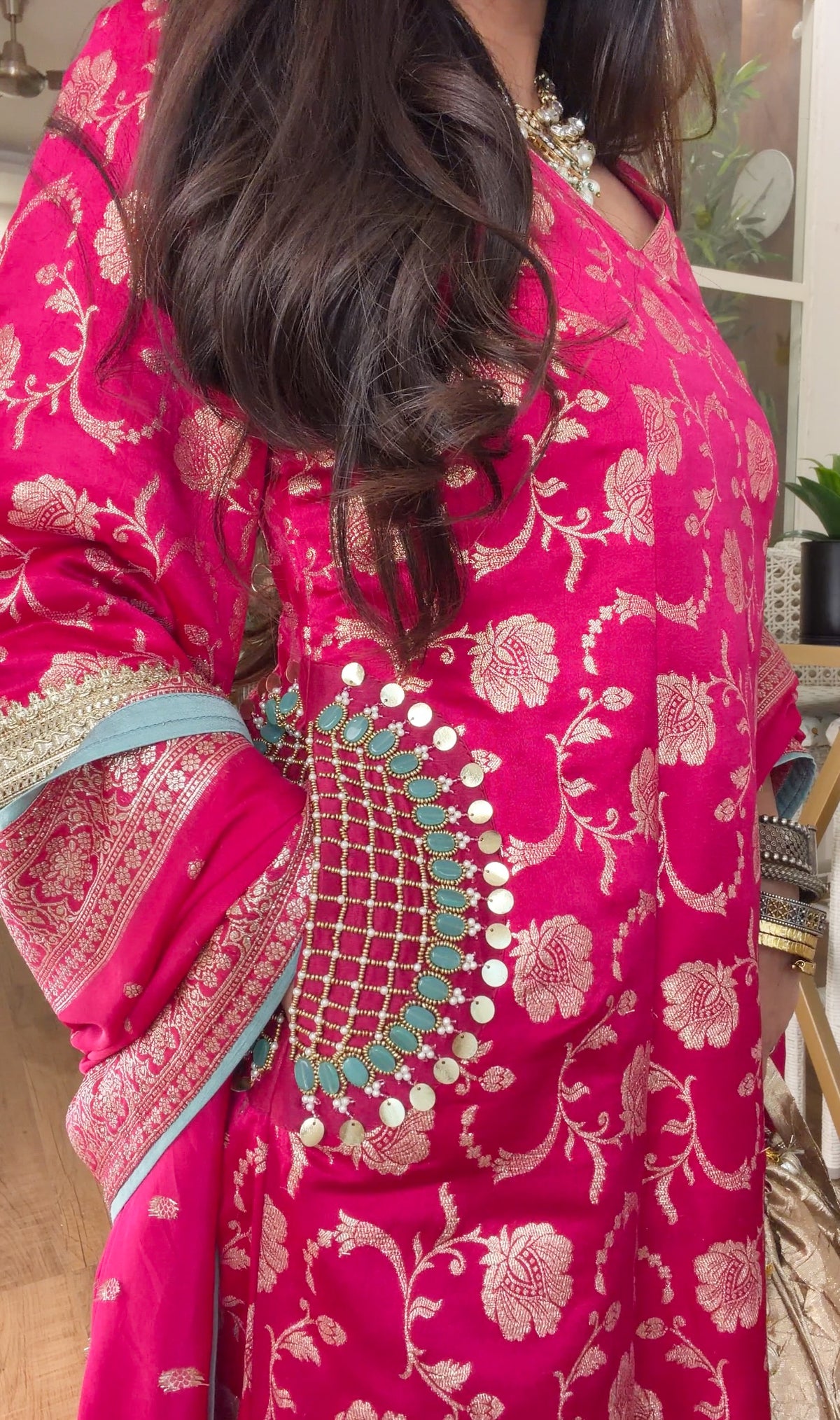 Fuchsia Banarasi Floral Kurta Set