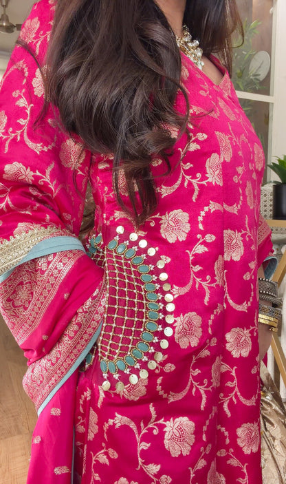 Fuchsia Banarasi Floral Kurta Set