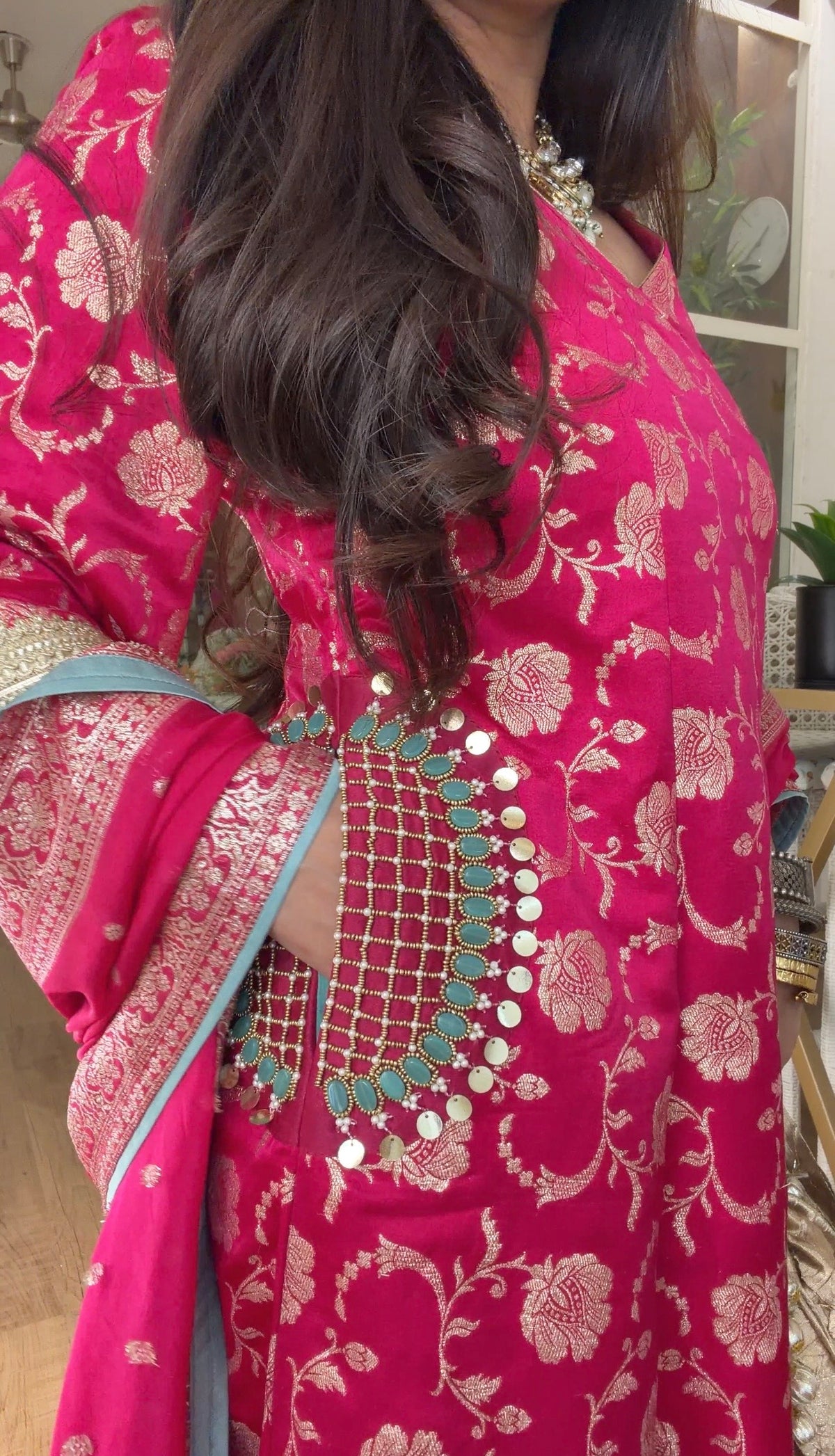Fuchsia Banarasi Floral Kurta Set