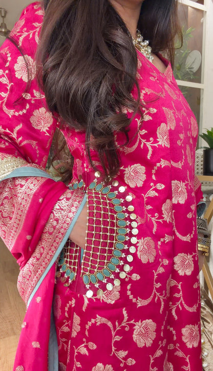 Fuchsia Banarasi Floral Kurta Set