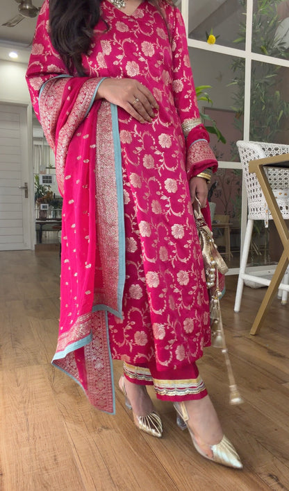 Fuchsia Banarasi Floral Kurta Set
