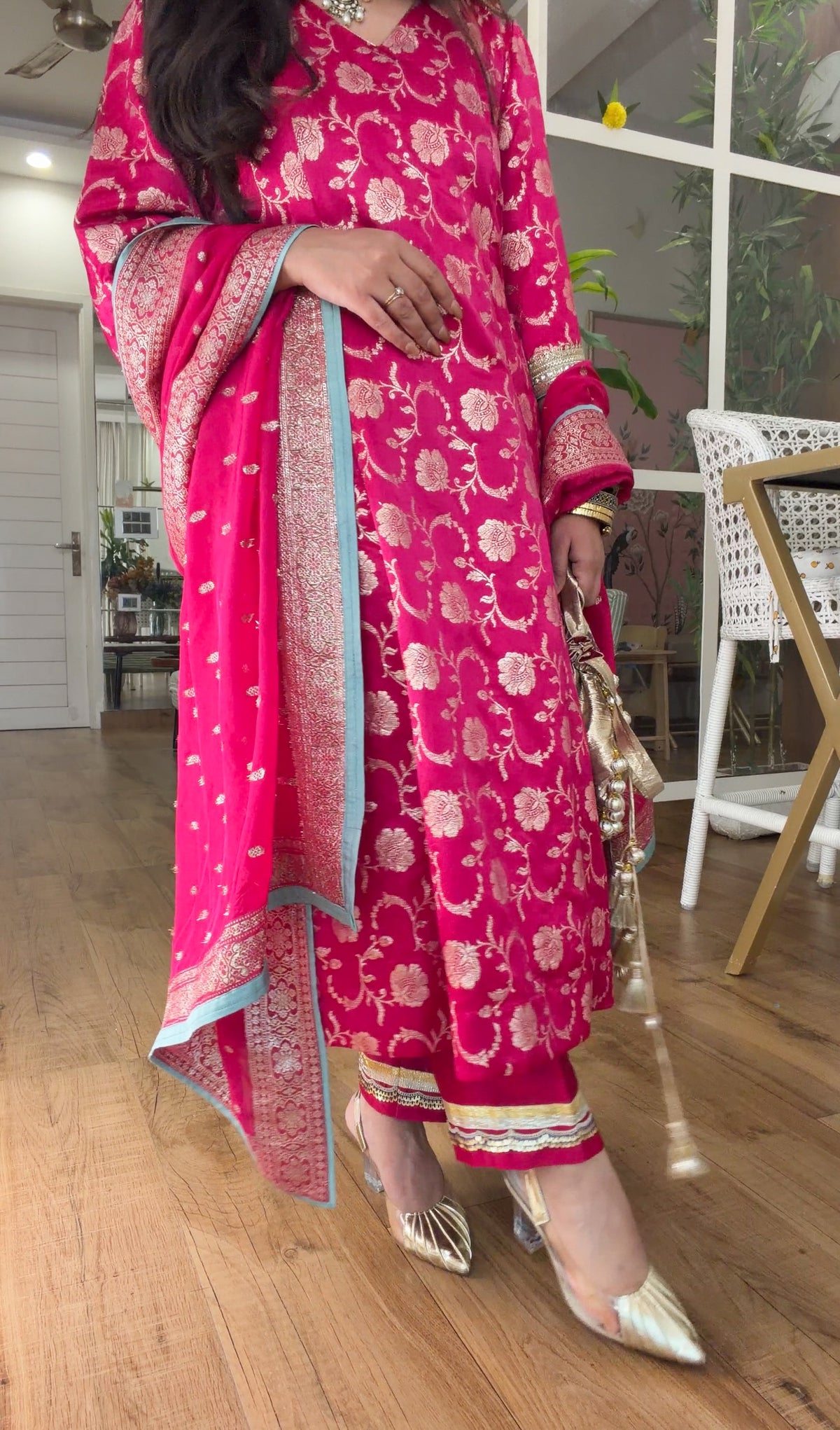 Fuchsia Banarasi Floral Kurta Set