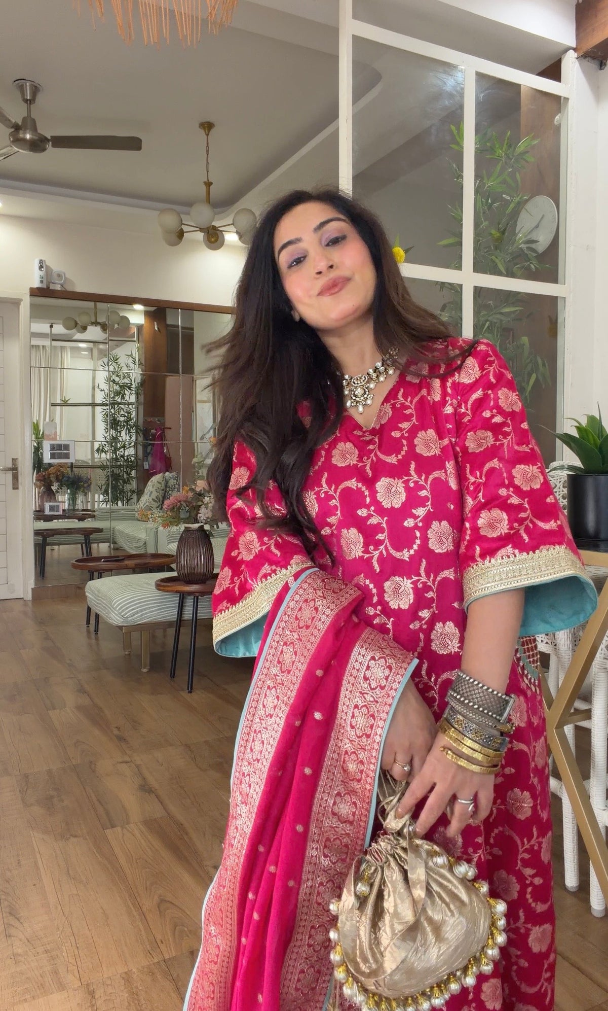Fuchsia Banarasi Floral Kurta Set
