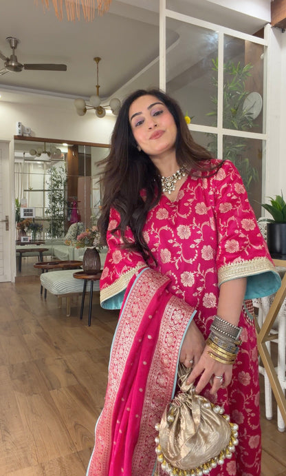 Fuchsia Banarasi Floral Kurta Set