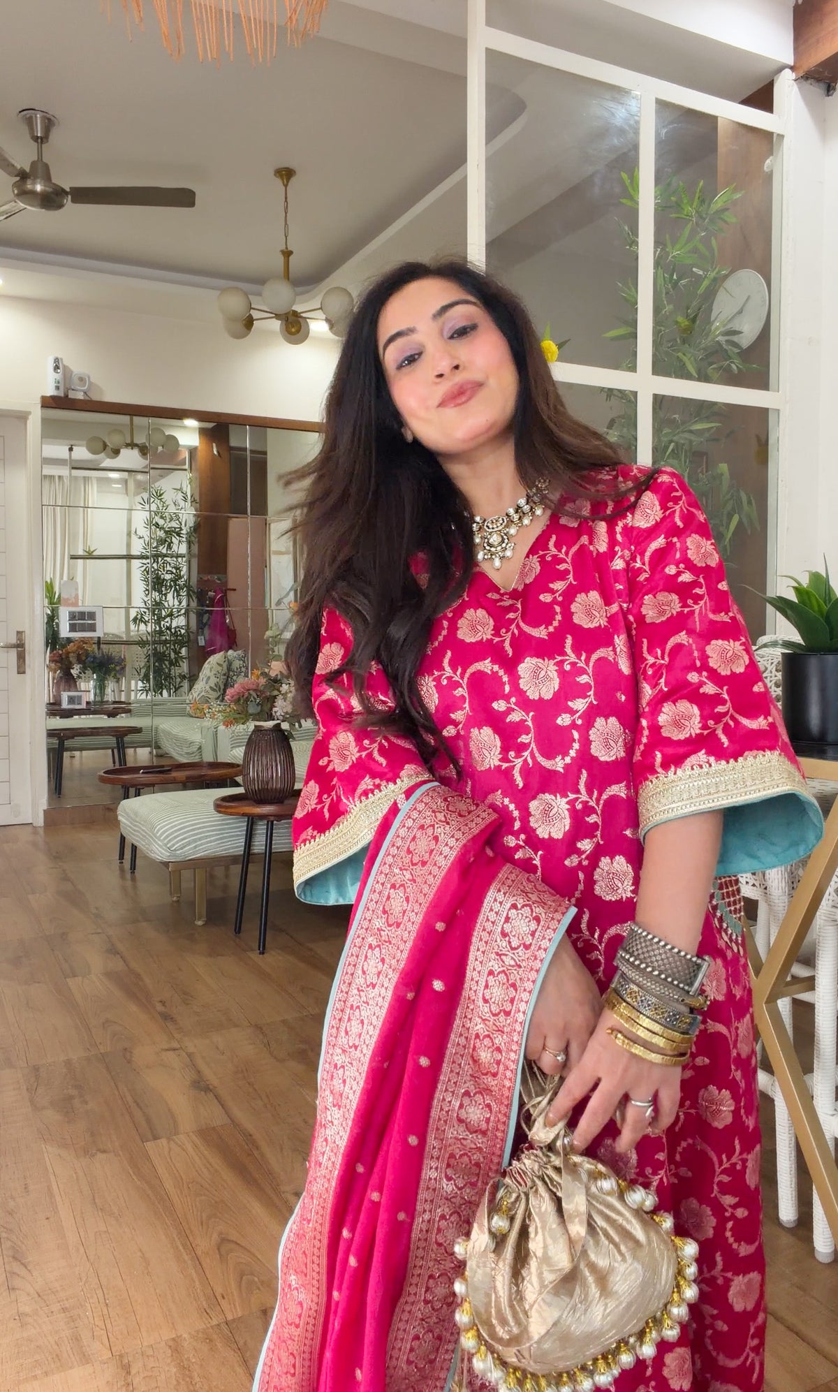 Fuchsia Banarasi Floral Kurta Set
