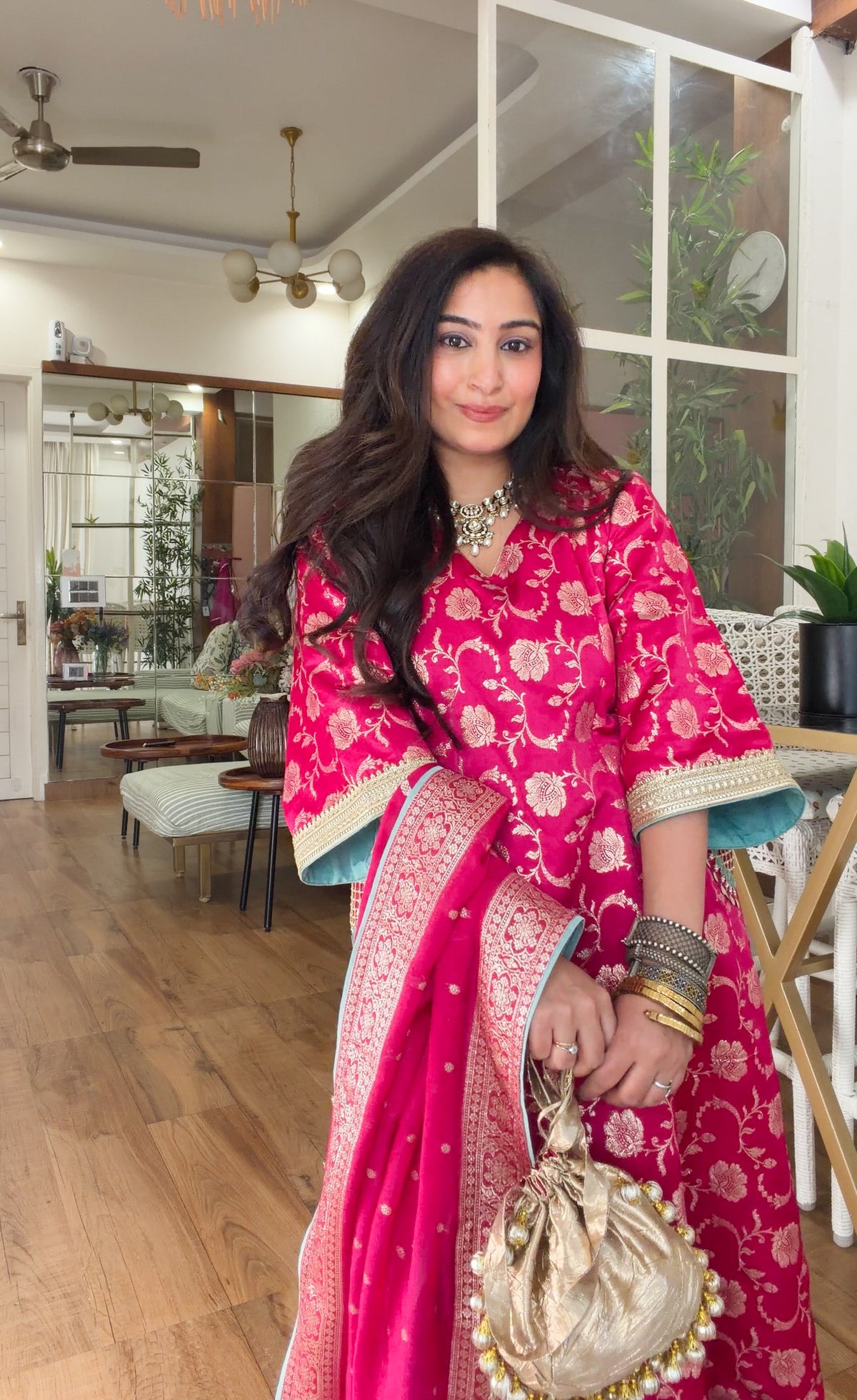 Fuchsia Banarasi Floral Kurta Set