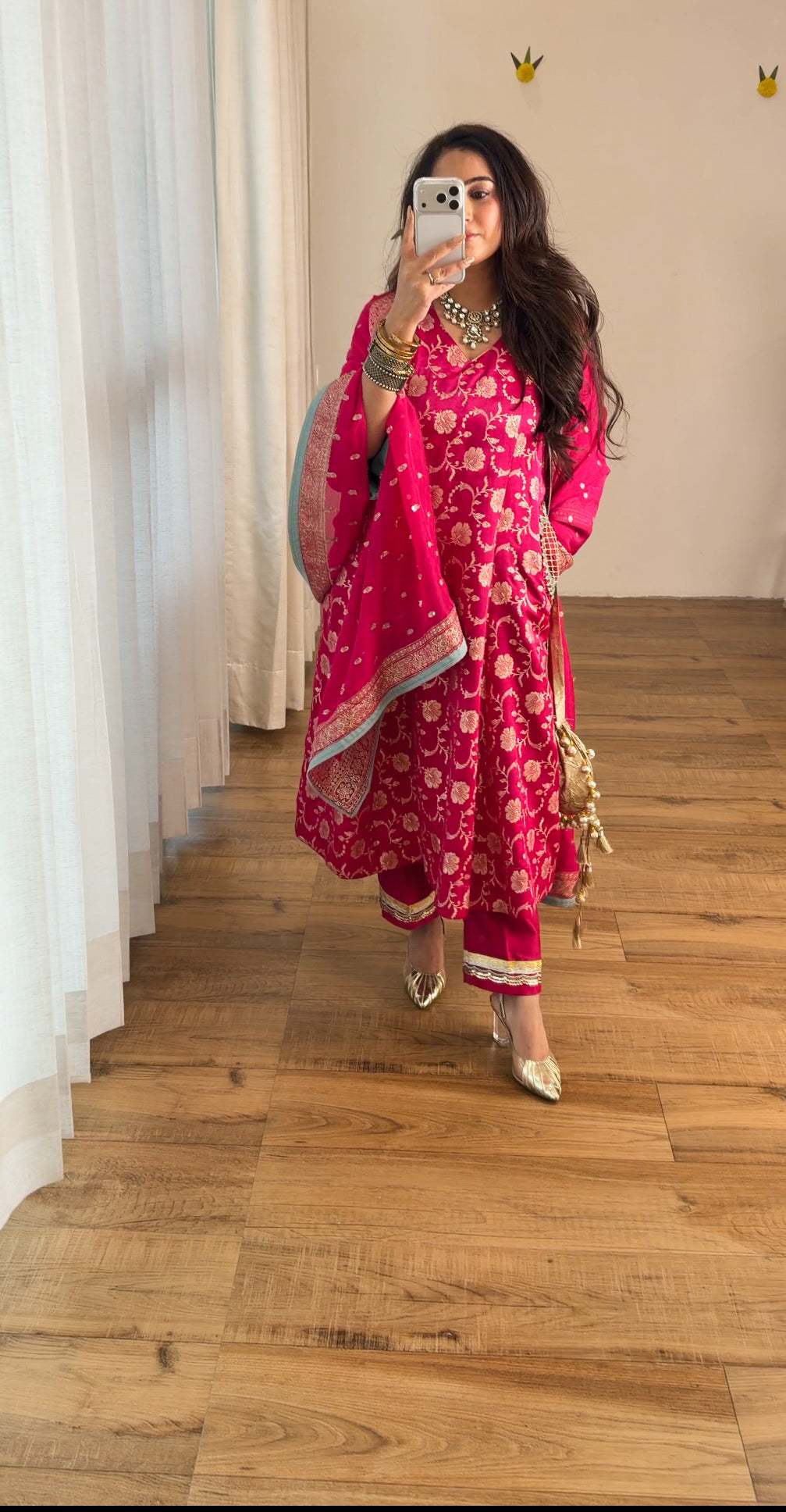Fuchsia Banarasi Floral Kurta Set