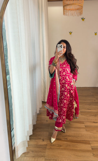 Fuchsia Banarasi Floral Kurta Set