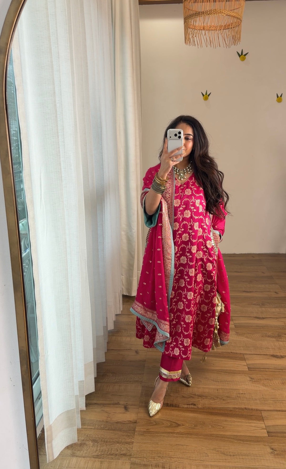 Fuchsia Banarasi Floral Kurta Set