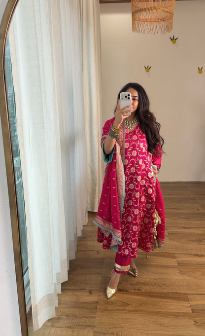 Fuchsia Banarasi Floral Kurta Set