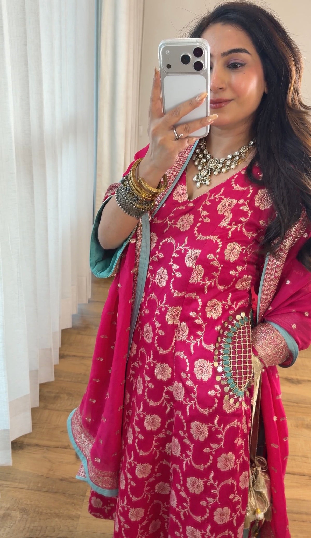 Fuchsia Banarasi Floral Kurta Set
