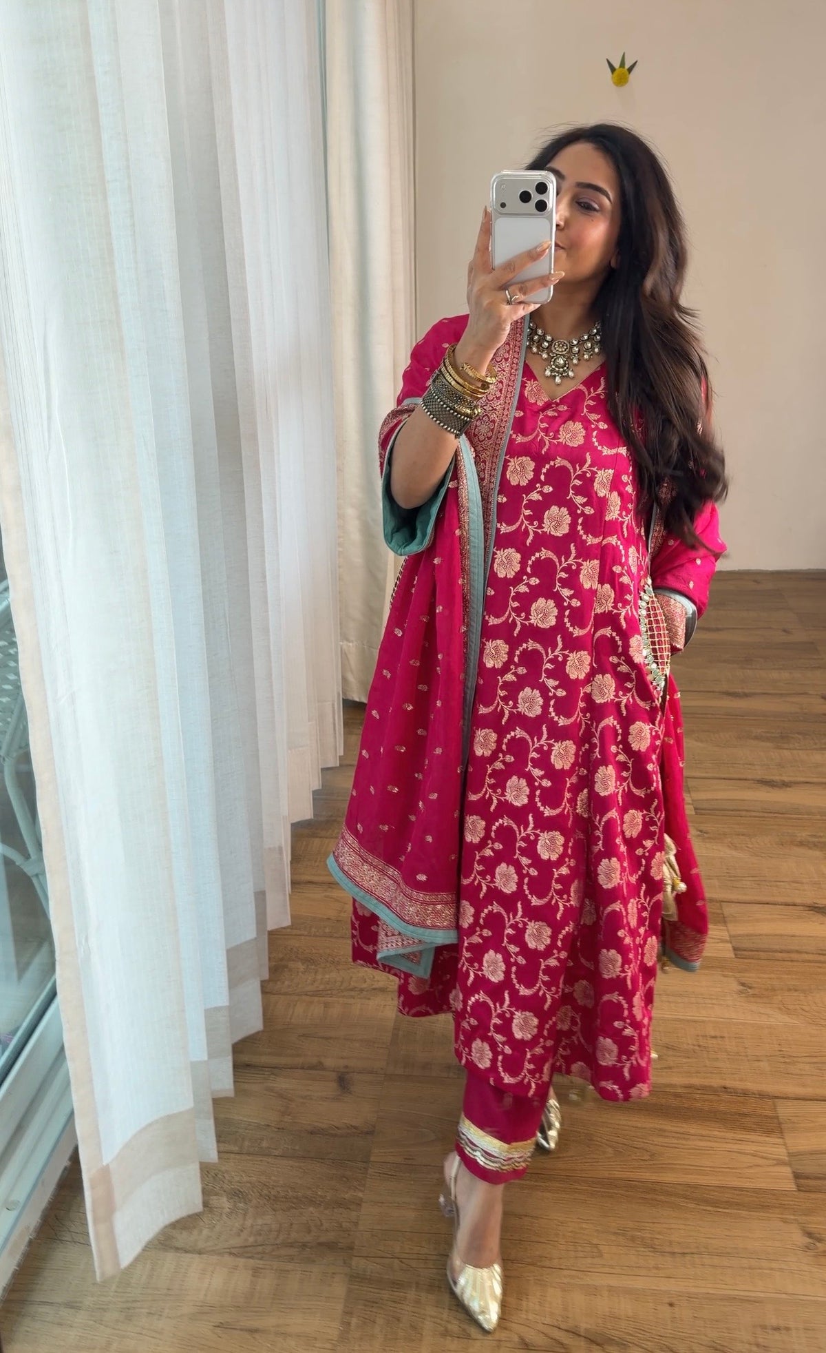 Fuchsia Banarasi Floral Kurta Set