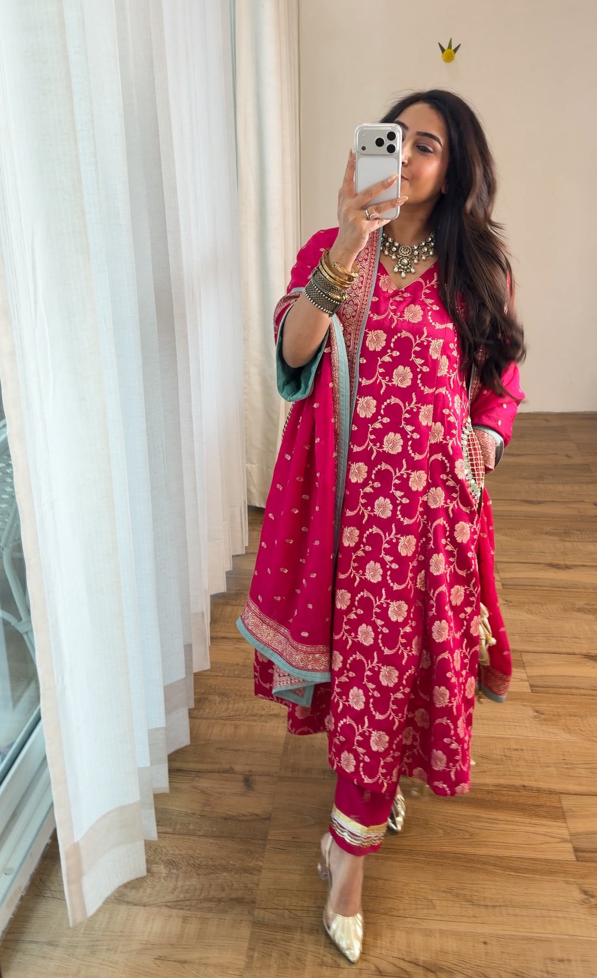 Fuchsia Banarasi Floral Kurta Set