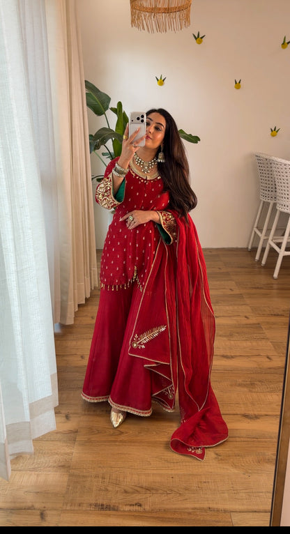 Deep Red Embroidered sharara set