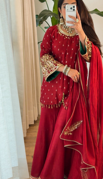 Deep Red Embroidered sharara set