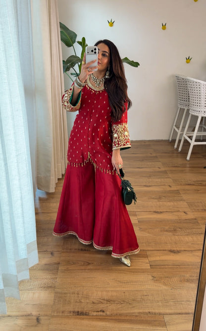 Deep Red Embroidered sharara set