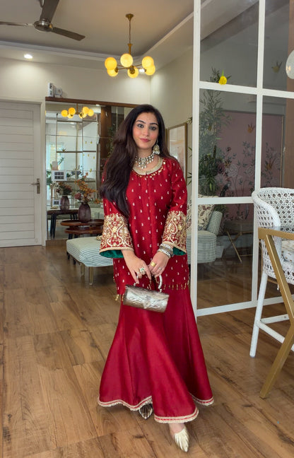 Deep Red Embroidered sharara set