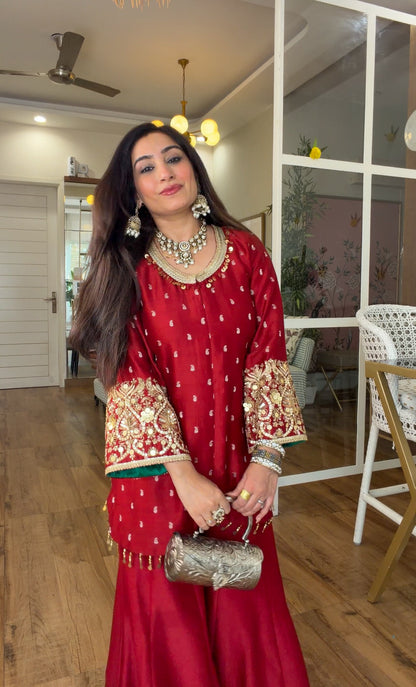 Deep Red Embroidered sharara set