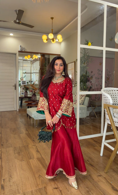 Deep Red Embroidered sharara set