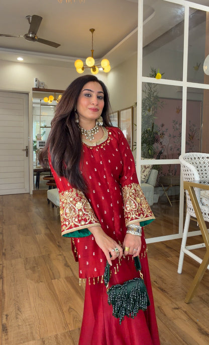 Deep Red Embroidered sharara set