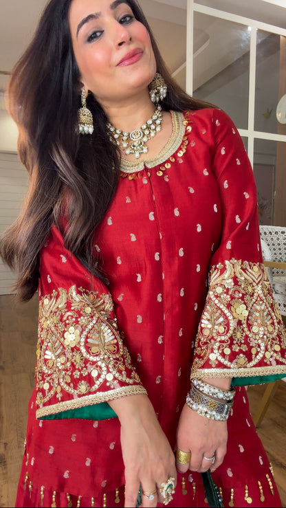 Deep Red Embroidered sharara set