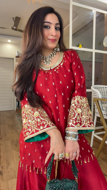 Deep Red Embroidered sharara set