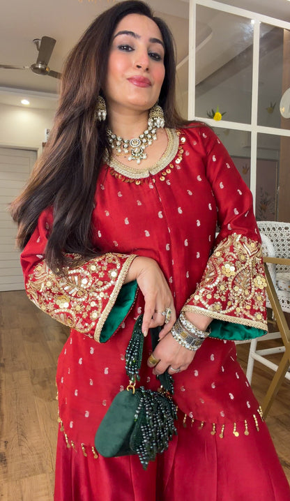 Deep Red Embroidered sharara set
