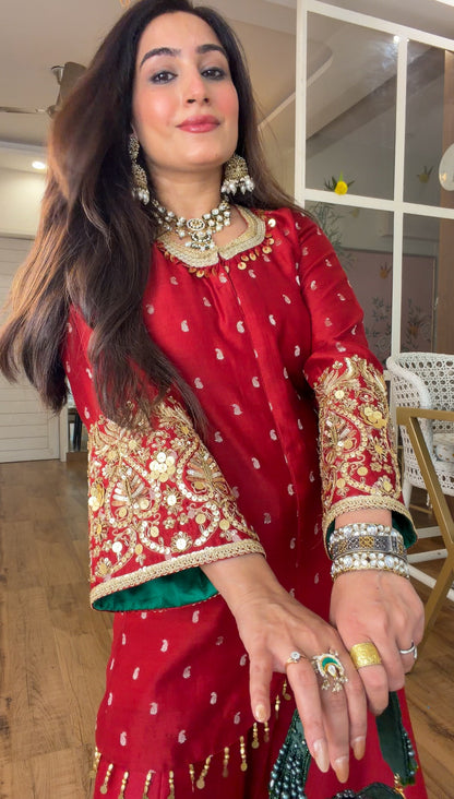 Deep Red Embroidered sharara set