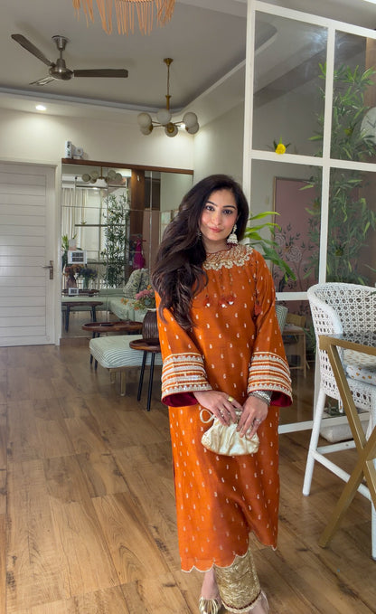 Burnt Orange Embroidered Kurta Set