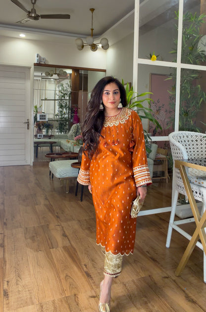 Burnt Orange Embroidered Kurta Set