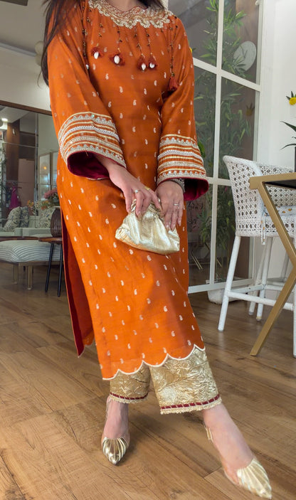 Burnt Orange Embroidered Kurta Set