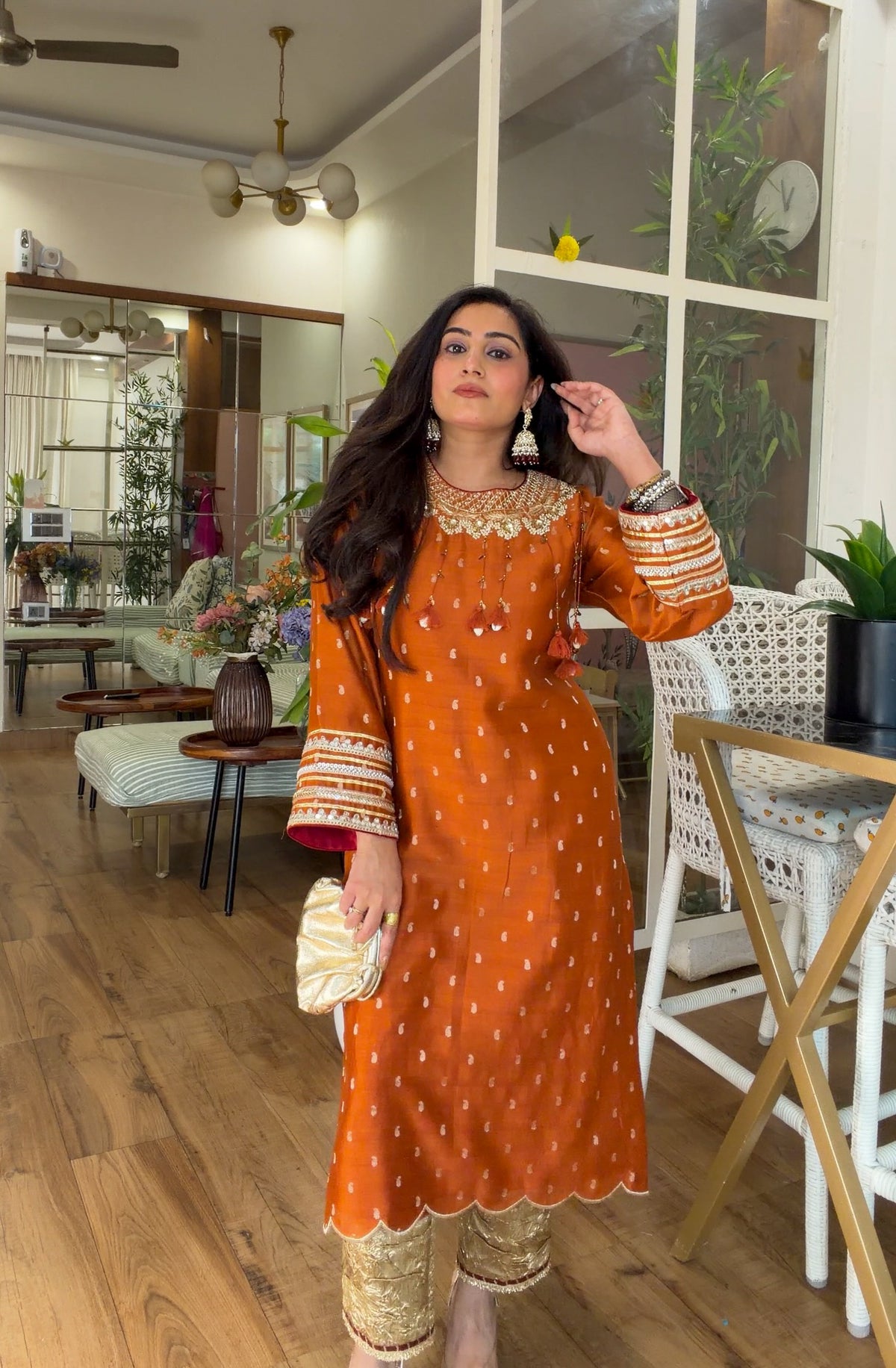 Burnt Orange Embroidered Kurta Set