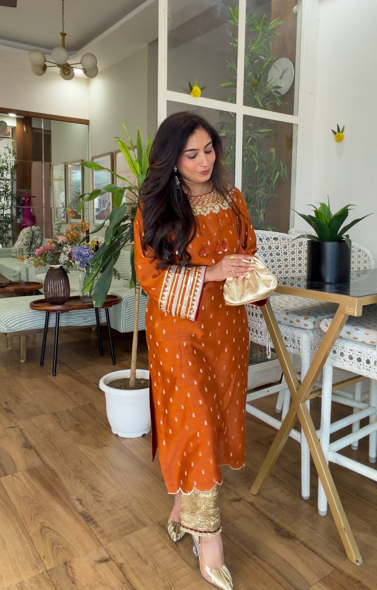Burnt Orange Embroidered Kurta Set