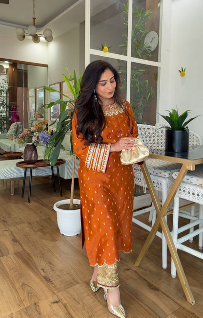 Burnt Orange Embroidered Kurta Set