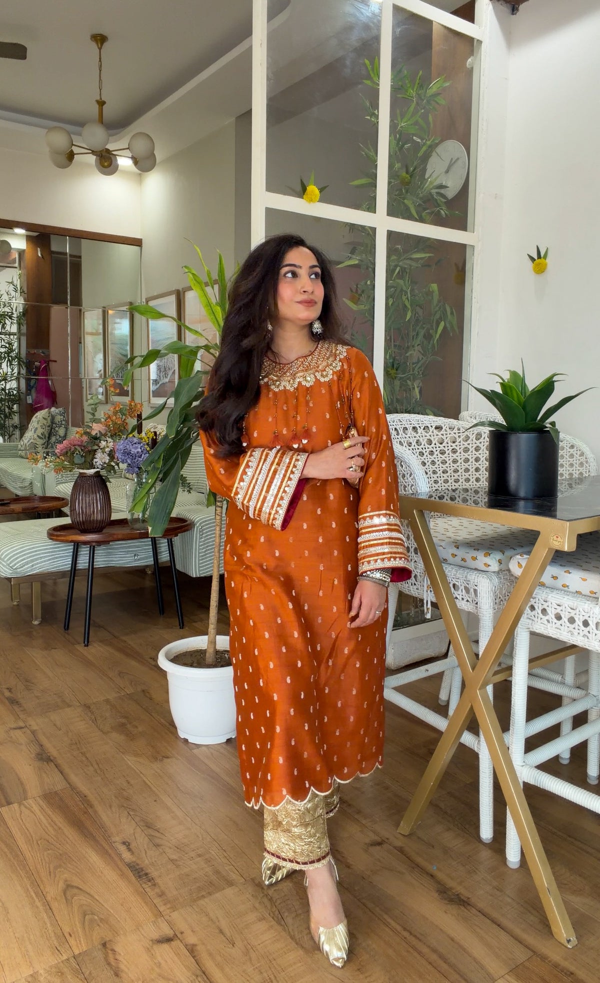 Burnt Orange Embroidered Kurta Set