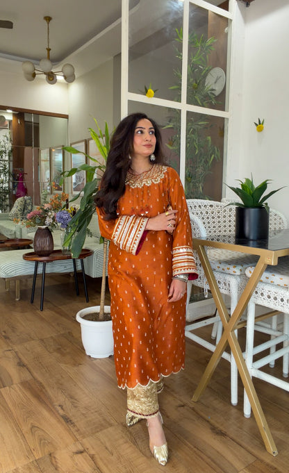 Burnt Orange Embroidered Kurta Set