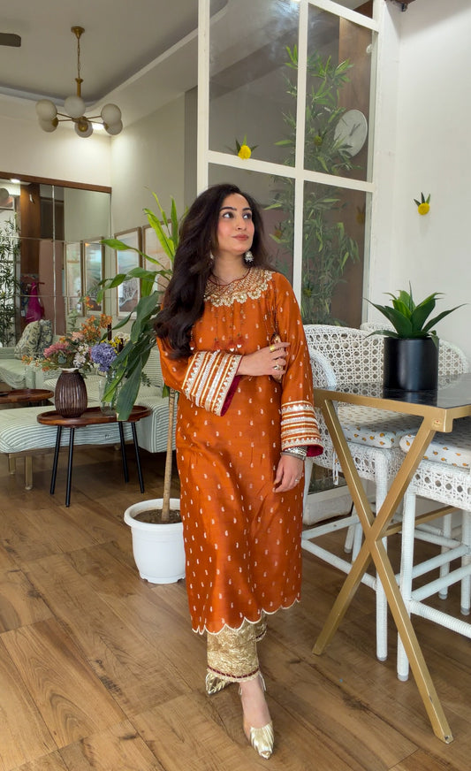 Burnt Orange Embroidered Kurta Set
