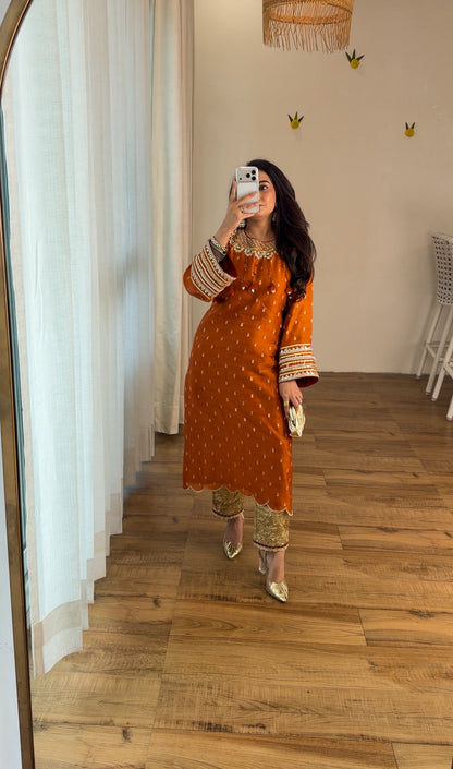 Burnt Orange Embroidered Kurta Set