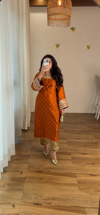 Burnt Orange Embroidered Kurta Set