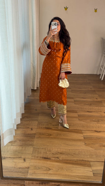 Burnt Orange Embroidered Kurta Set