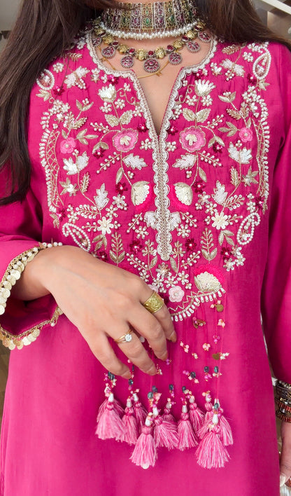 Fuchsia Hand-Embroidered Kurta dhoti Set