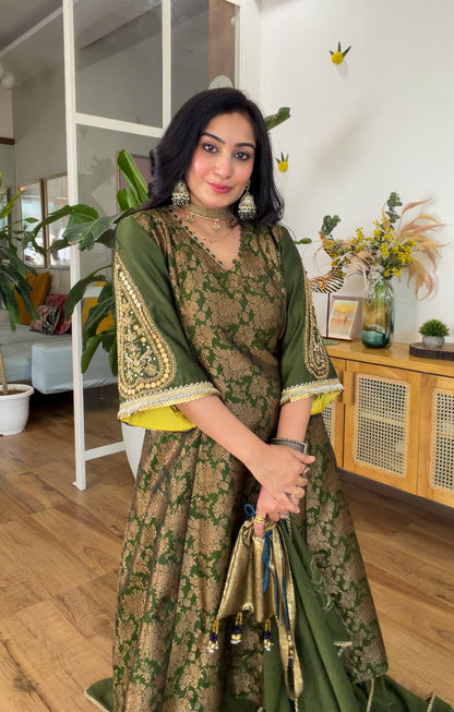 Olive Green Banarasi silk set