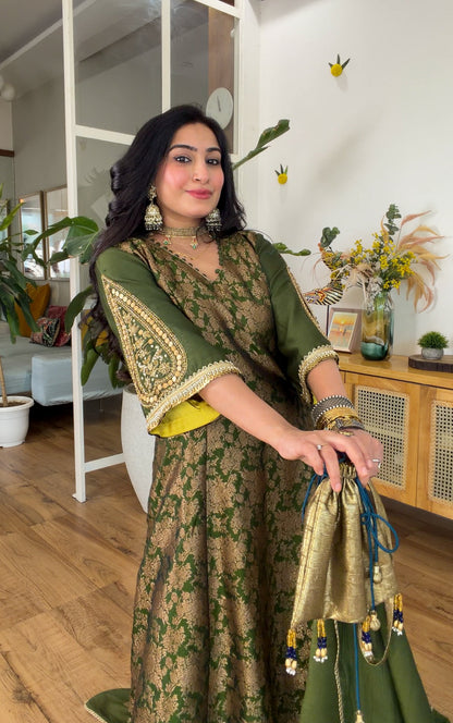 Olive Green Banarasi silk set