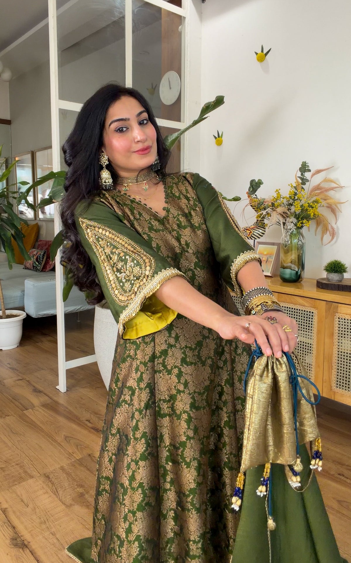 Olive Green Banarasi silk set
