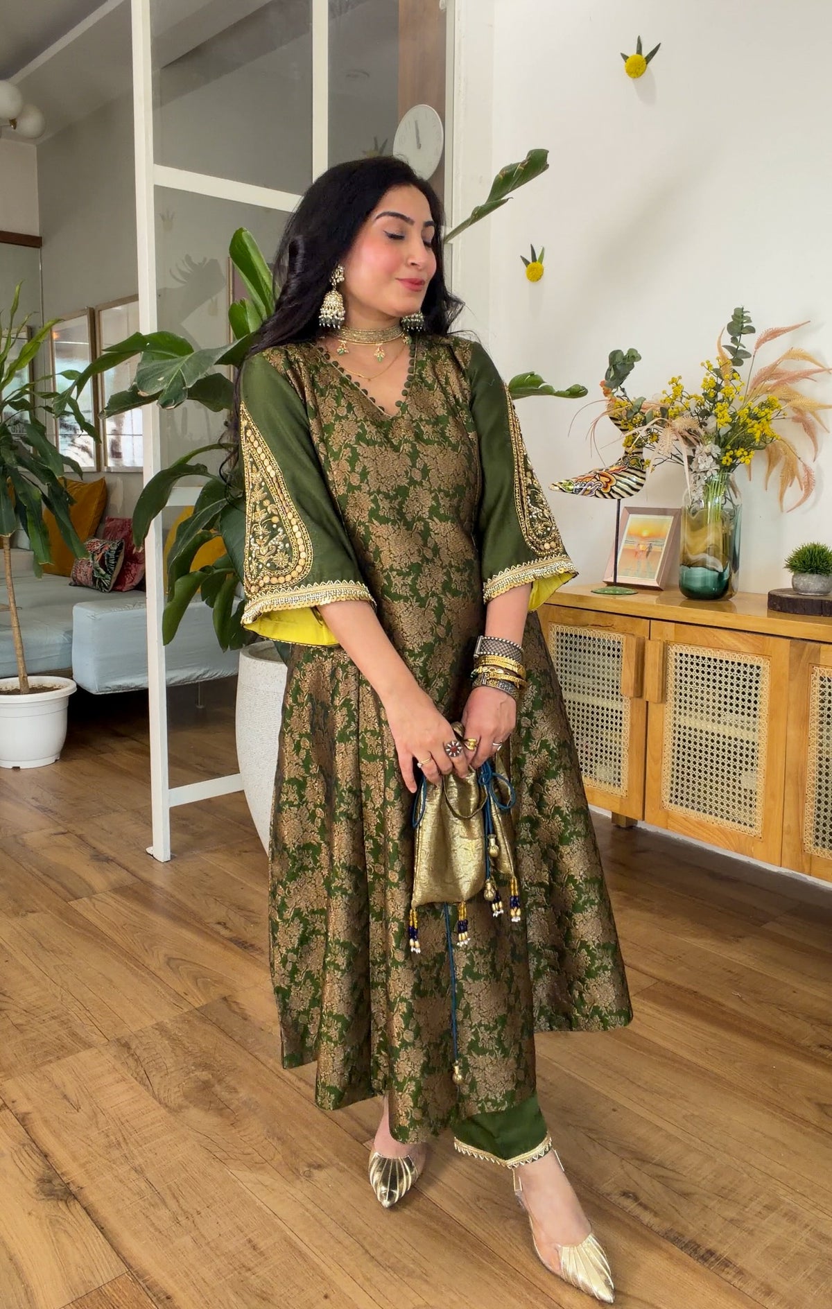 Olive Green Banarasi silk set