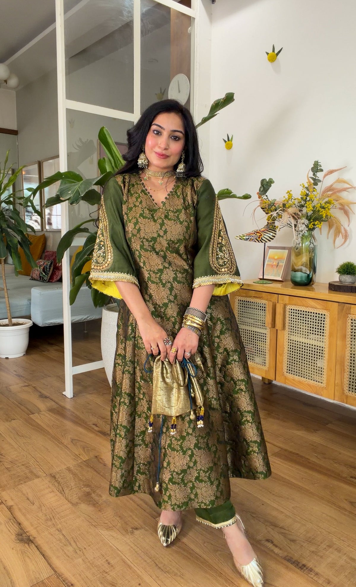 Olive Green Banarasi silk set