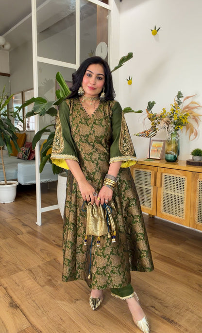 Olive Green Banarasi silk set