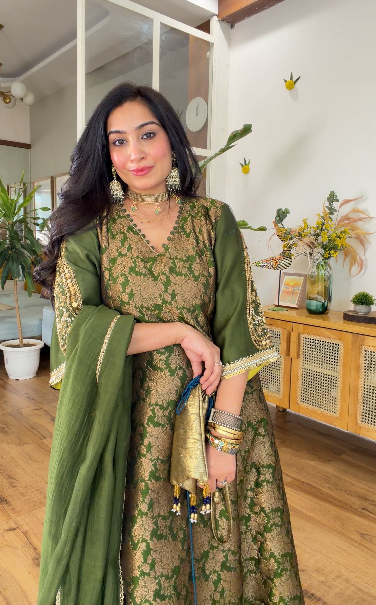 Olive Green Banarasi silk set