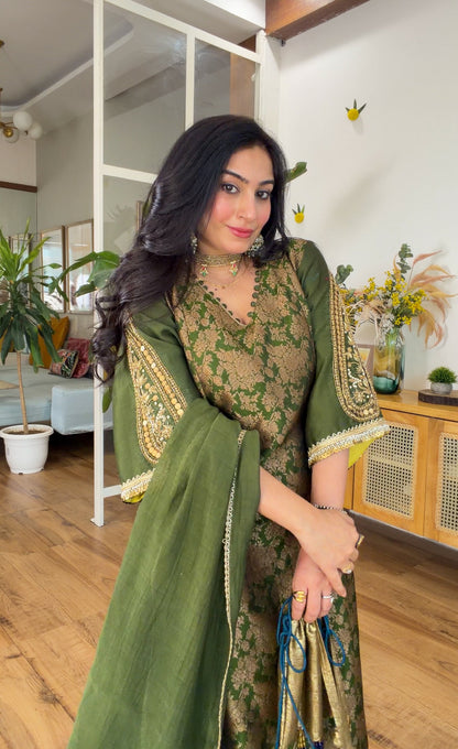 Olive Green Banarasi silk set